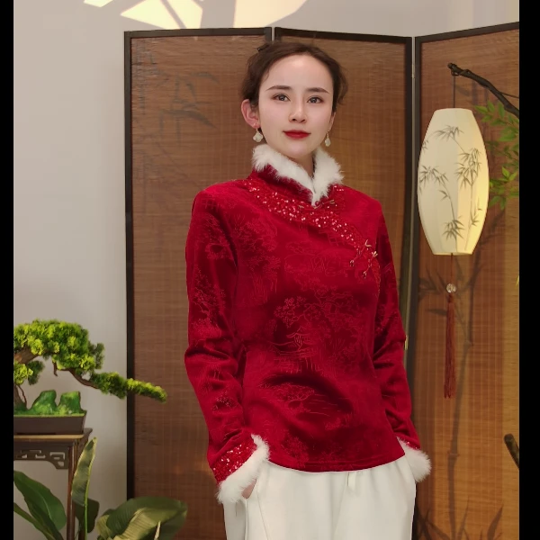 晴曦原创【梦江南】长56新中式加绒毛领打底上衣