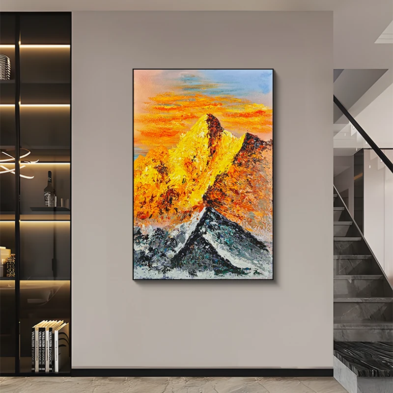 《日照金山》入户玄关装饰画高级手工油画客厅挂画背靠金山80120