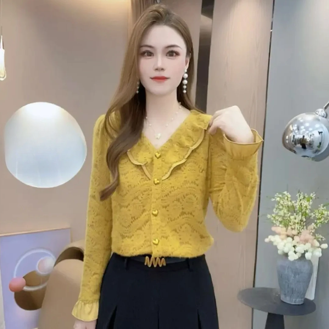 拉夏贝尔蕾丝衬衫女2025秋季新款洋气显瘦宽松减龄长袖娃娃领上衣