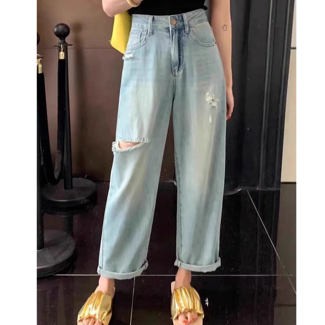 6382高腰破洞牛仔裤休闲百搭阔腿裤显瘦女