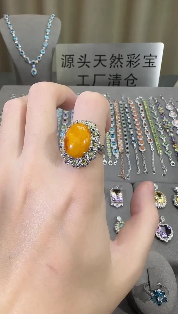 银S925镶嵌蜜蜡戒指13*18mm戒指高级款