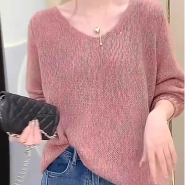 2025春秋季新款宽松显瘦慵懒风毛衣休闲气质V领针织衫长袖上衣服