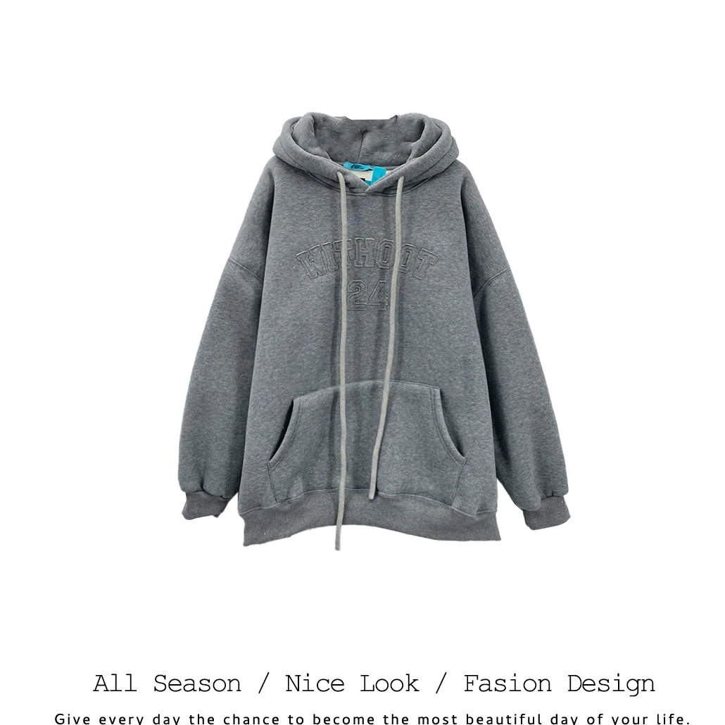 161  时尚花灰色宽松秋冬加绒连帽套头卫衣  款号#701-2