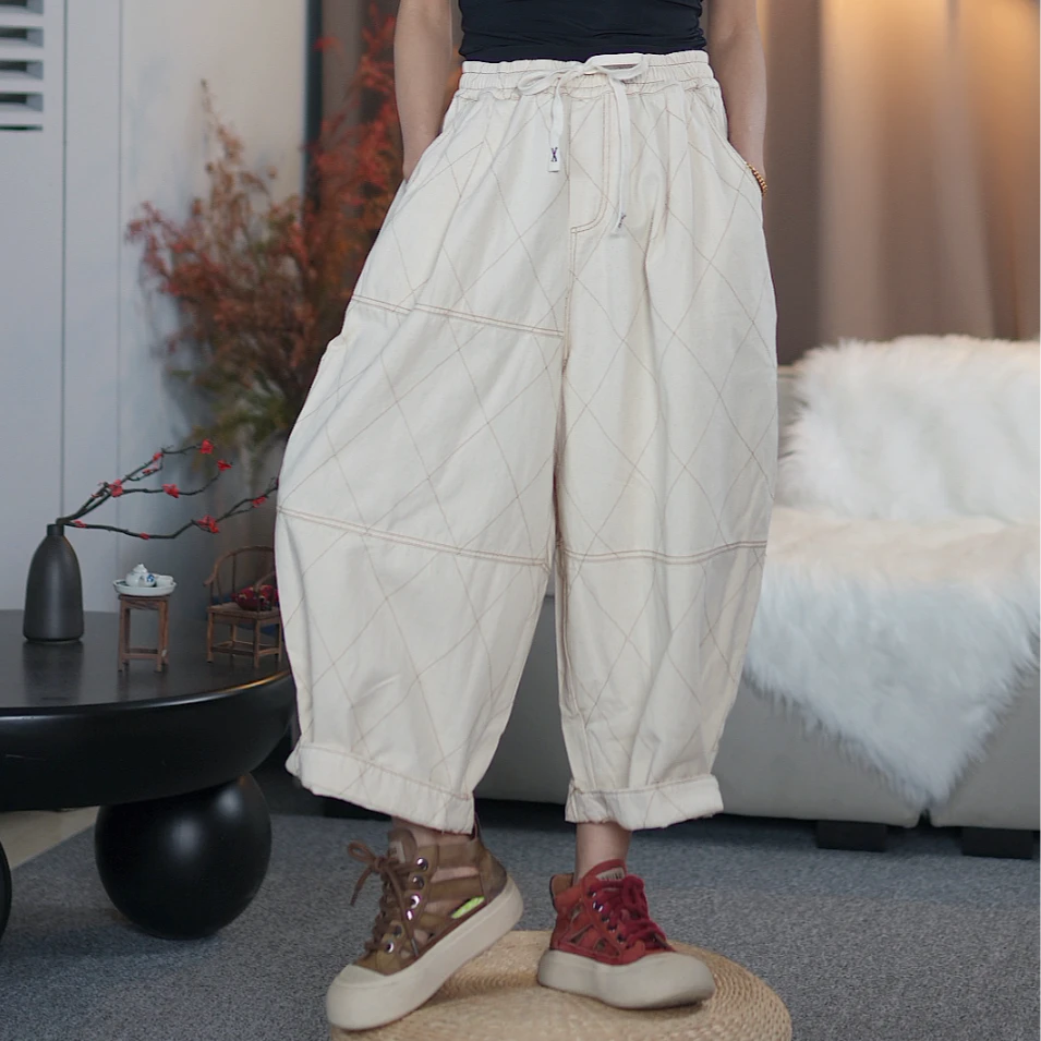 明线拼接复古宽松牛仔九分裤女裤子K026