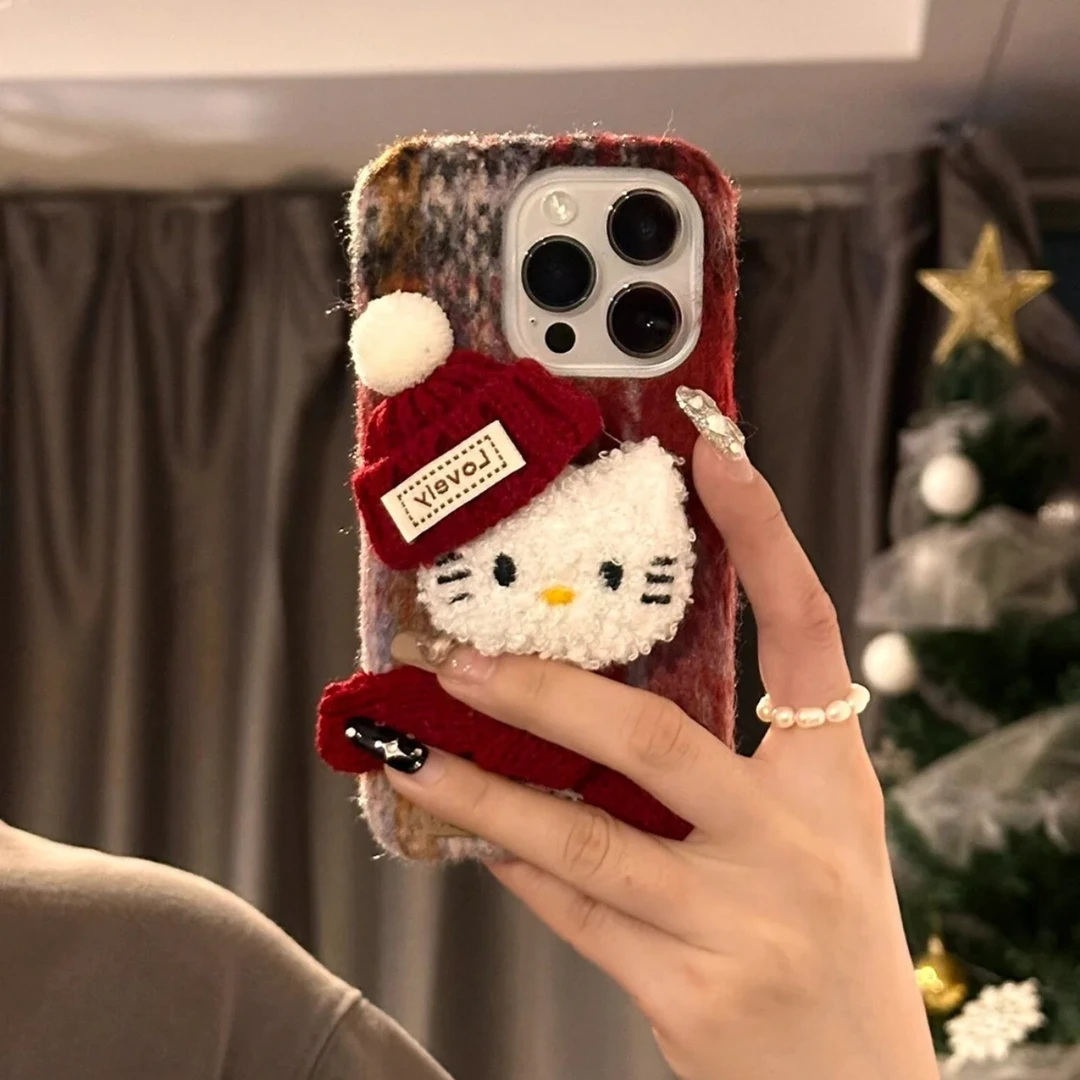 韩系氛围毛绒KT猫帽子适用iPhone17promax苹果17pro手机壳16pro女