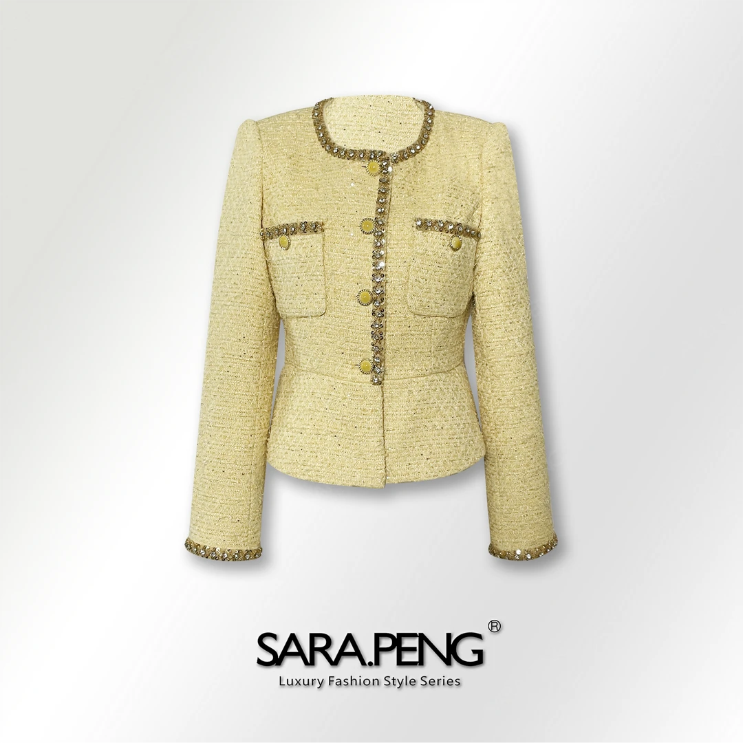SARA.PENG明媚春阳/定制面料小香风重工手工钻亮片百搭修身外套