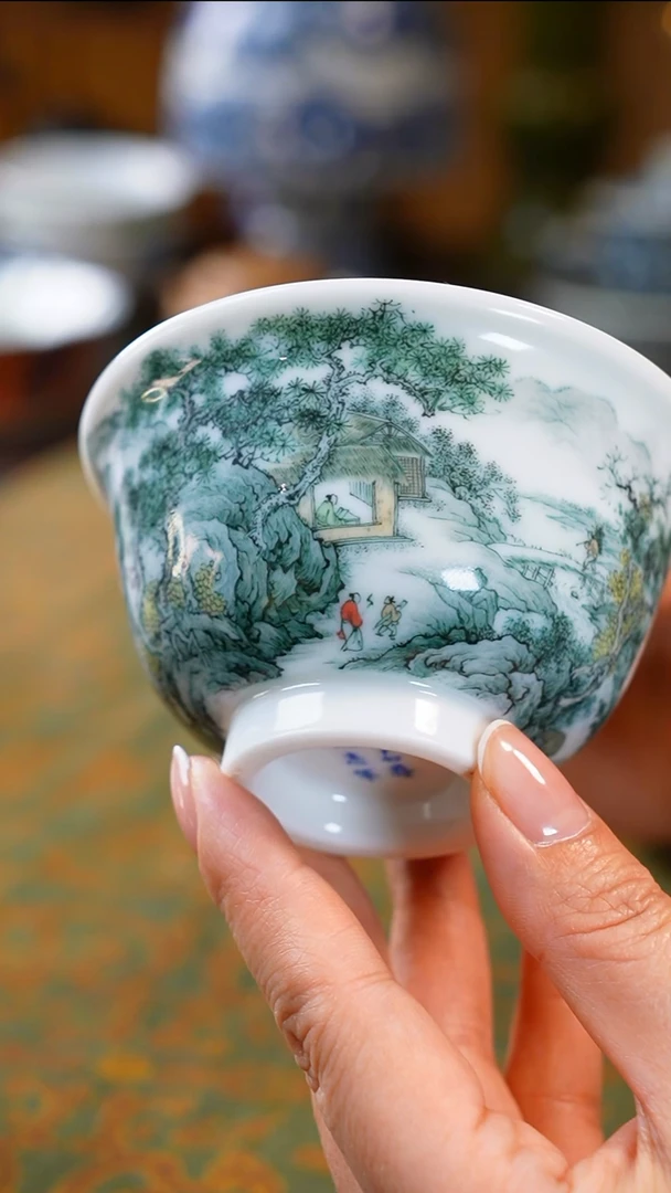 【闪购商品】寒石寻友志军釉下五彩山水压手杯