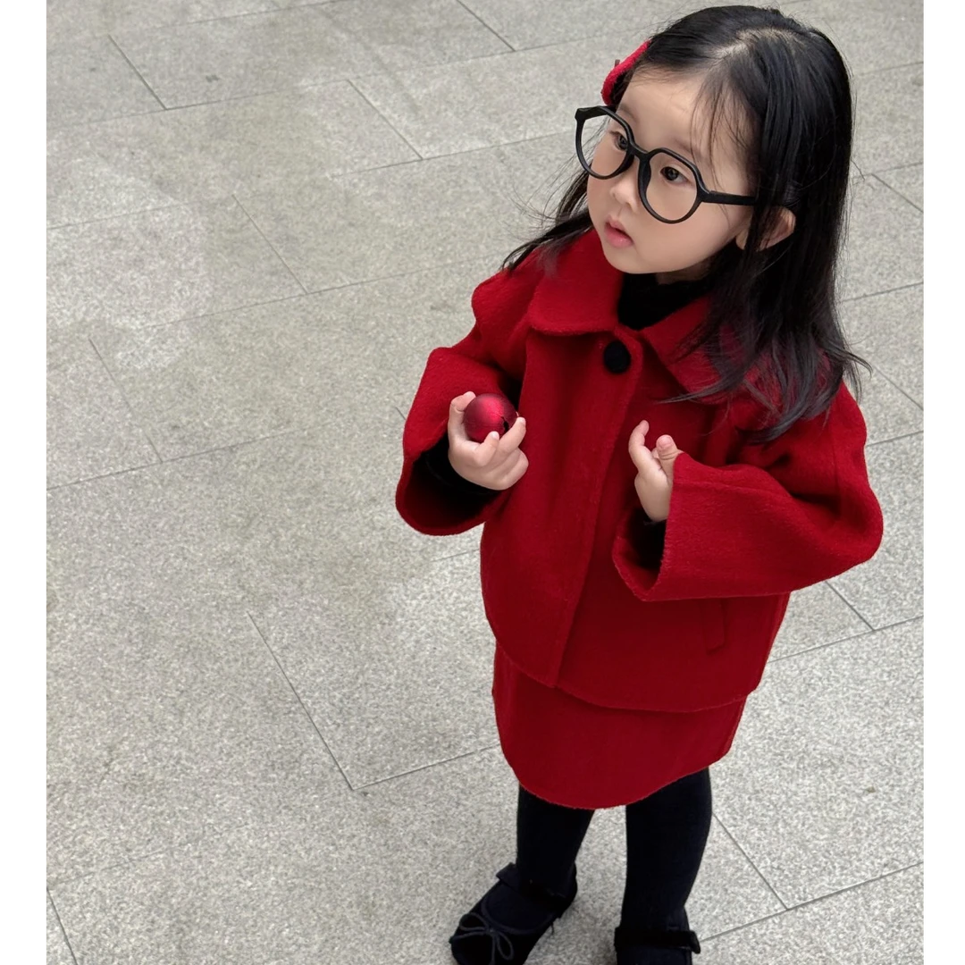 小思家2025冬季新款韩版洋气纯色翻领外套半身裙女童呢子套装