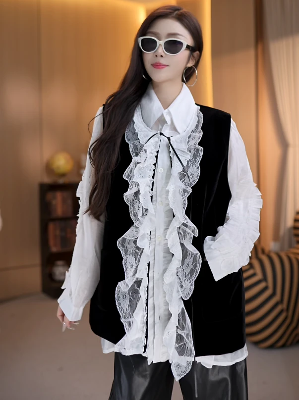 B56137女士百搭拼接网红时尚常规马夹洋气马甲常规蕾丝马夹上衣