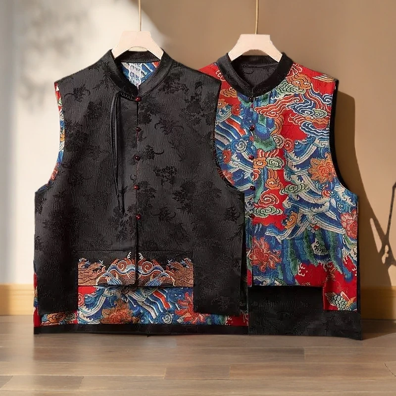 《双面穿》马夹复古印花双面马甲无袖网红时尚立领中国风刺绣文艺女