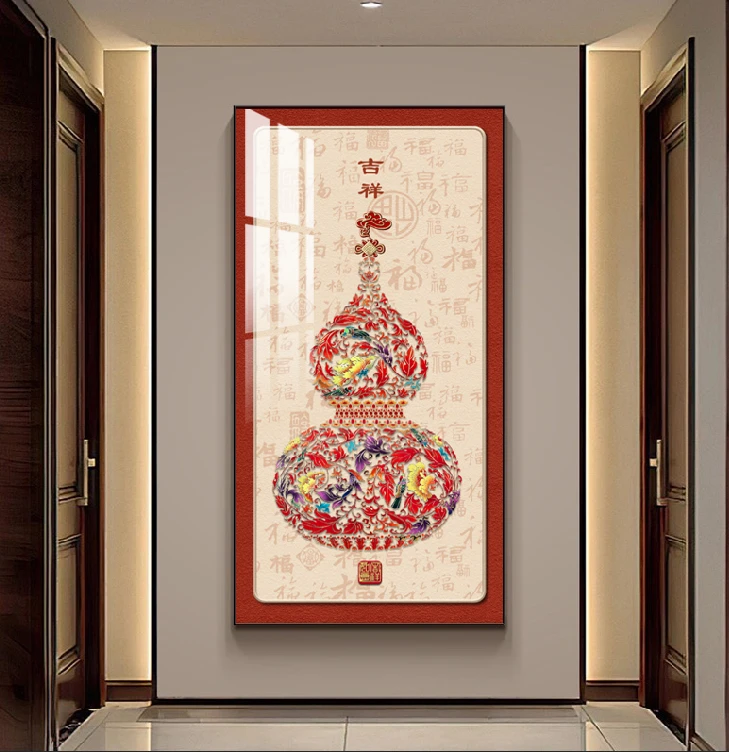新中式入户玄关带灯现代装饰画福禄吉祥图过道走廊壁画立体葫芦