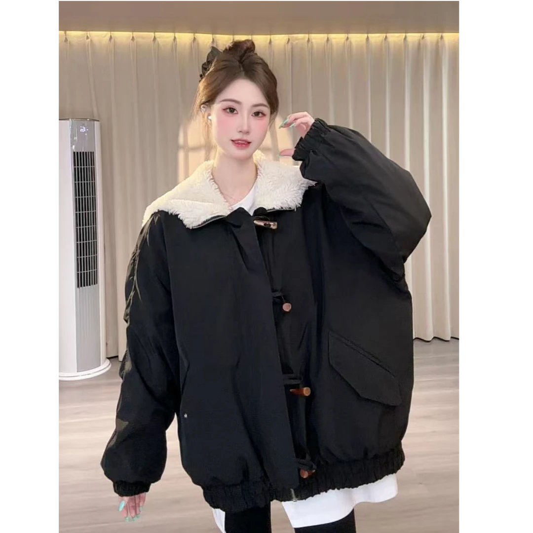 【棉服现货现发】复古牛角扣宽松设计感小众拉链夹棉保暖棉服外套