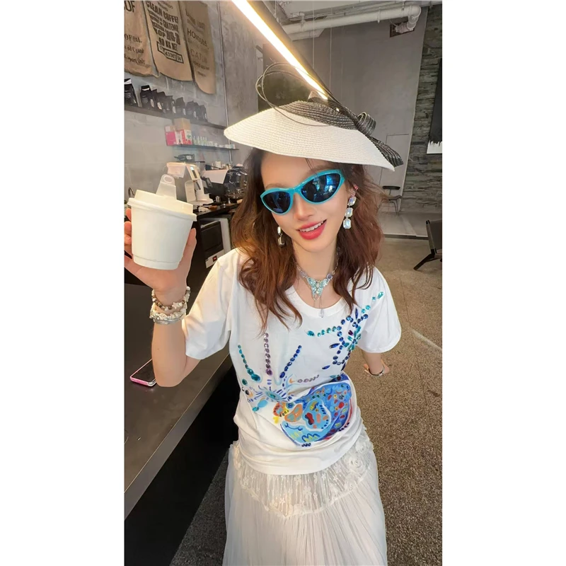 MM0115 木木原创重工手工彩色镶钻轻奢高级感别致时尚宽松短袖T恤