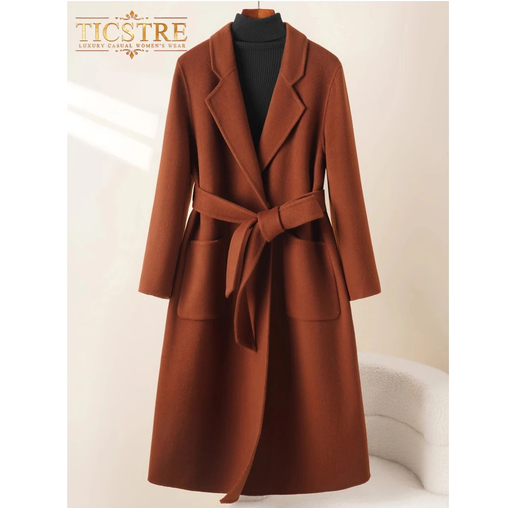 TICSTRE双面羊绒大衣女2025秋冬新款赫本风中长款高端羊毛呢外套