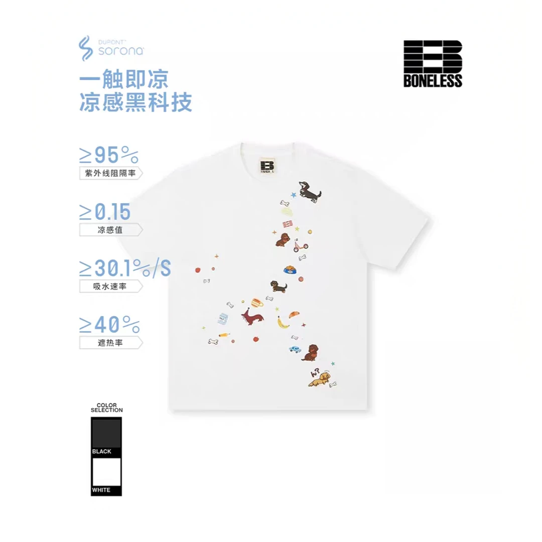 BONELESS趣味腊肠小狗贴纸短袖夏季凉感速干体恤圆领宽松休闲T恤