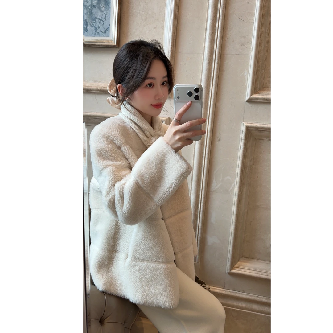 syna希娜『素格方笺』 西班牙进口羊毛革圆领阔版方块格纹短外套