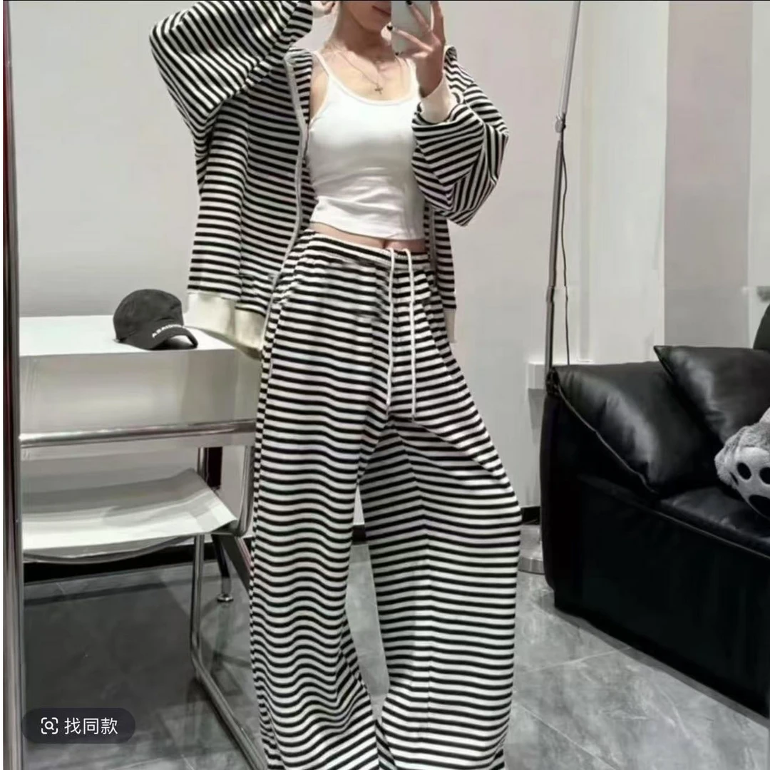 慵懒风休闲风时尚套装女装运动长袖宽松条纹阔腿裤套装开衫