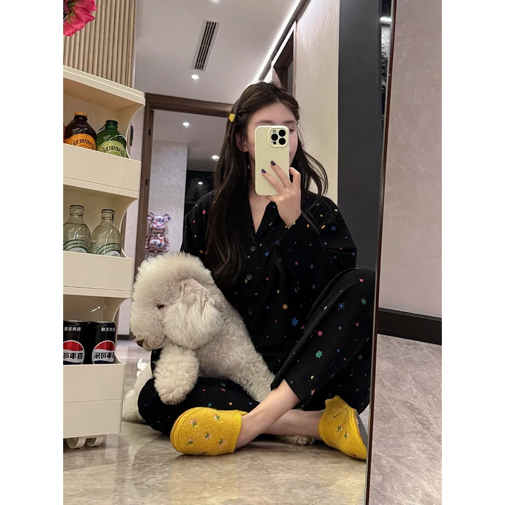 【彩色星星】韩系少女设计感睡衣女春夏新款休闲开衫长裤套装家居服