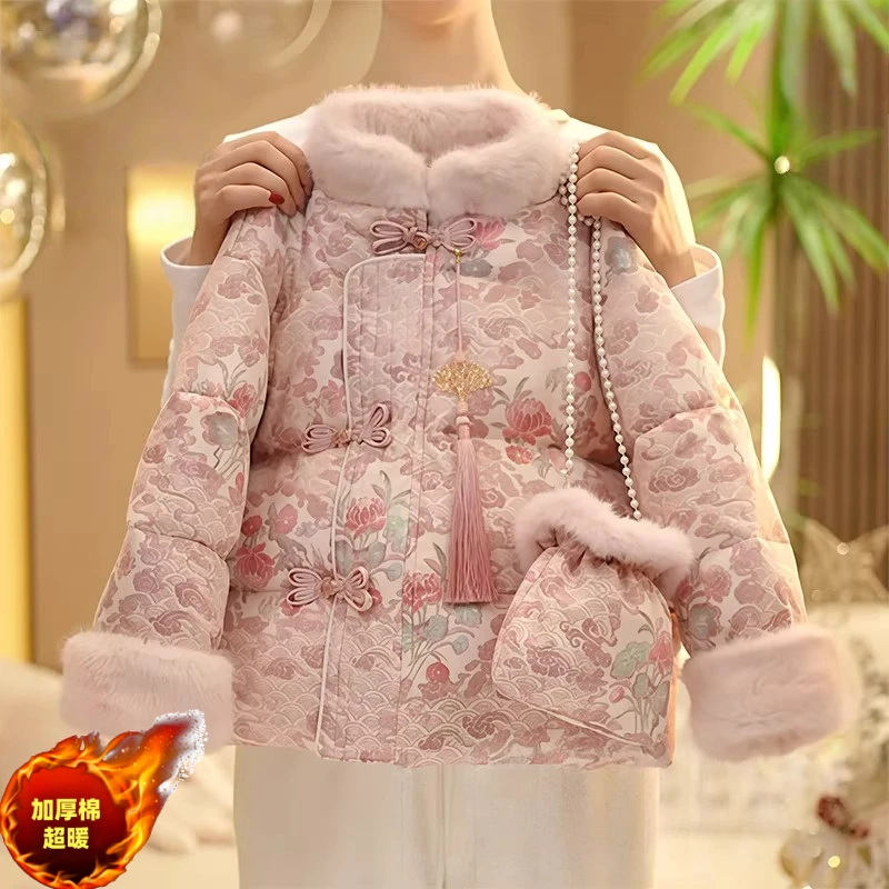 女童碎花毛领国风羽绒棉服2026新款冬装新中式碎花加厚棉衣棉袄潮