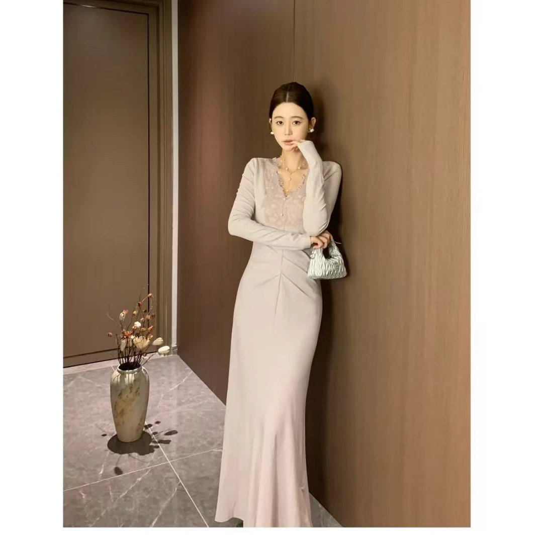 【晚婉】温柔淡紫氛围感蕾丝v领针织连衣裙显瘦a摆优雅大码半身裙