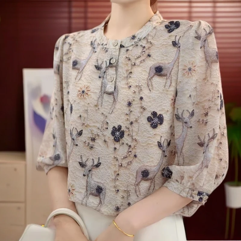 七分袖薄款印花冰丝衬衫夏季大码胖mm遮肚显瘦洋气中袖防晒小衫