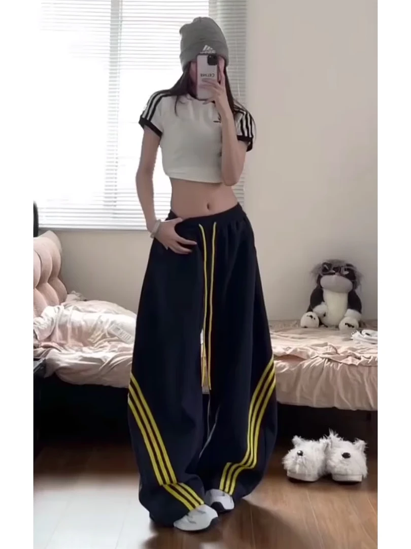 2025春夏潮流摇滚撞色阔腿高腰休闲裤大码休闲抗新休闲学院风长裤