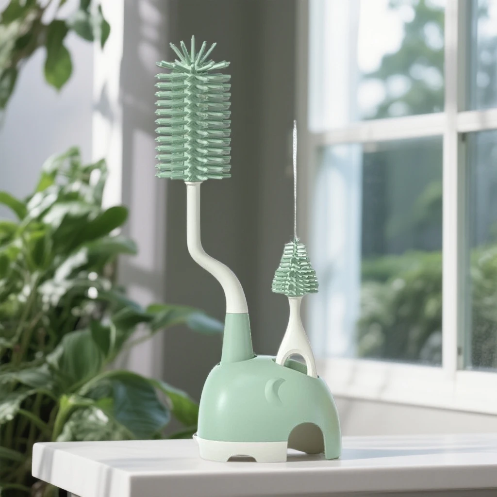 硅胶奶瓶刷清洁套装含奶嘴吸管刷长柄旋转设计方便清洗三件套