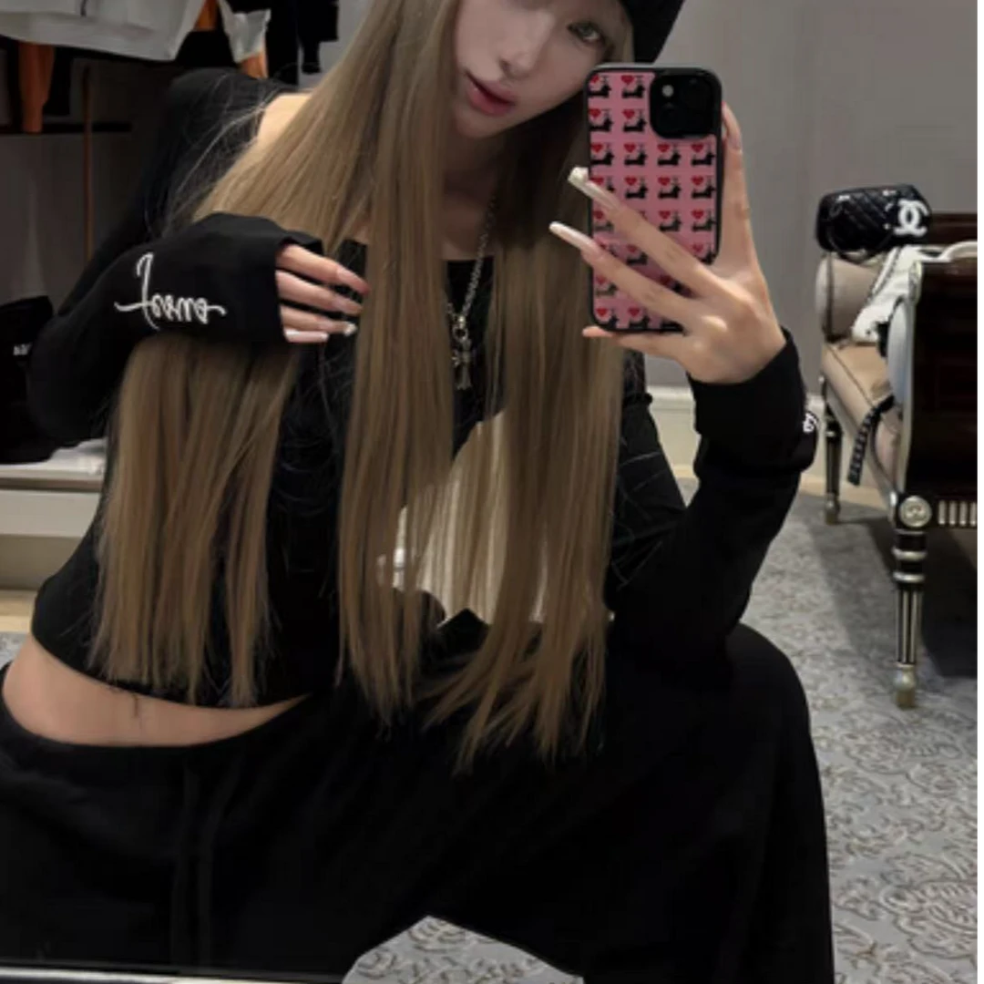 黑色长袖加绒t恤女秋季设计感修身显瘦内搭打底衫美式辣妹上衣