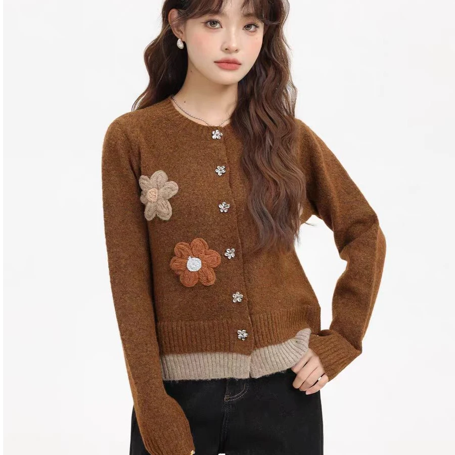 9218#花朵毛衣外套女2025秋冬大码胖mm圆领正肩针织开衫上衣