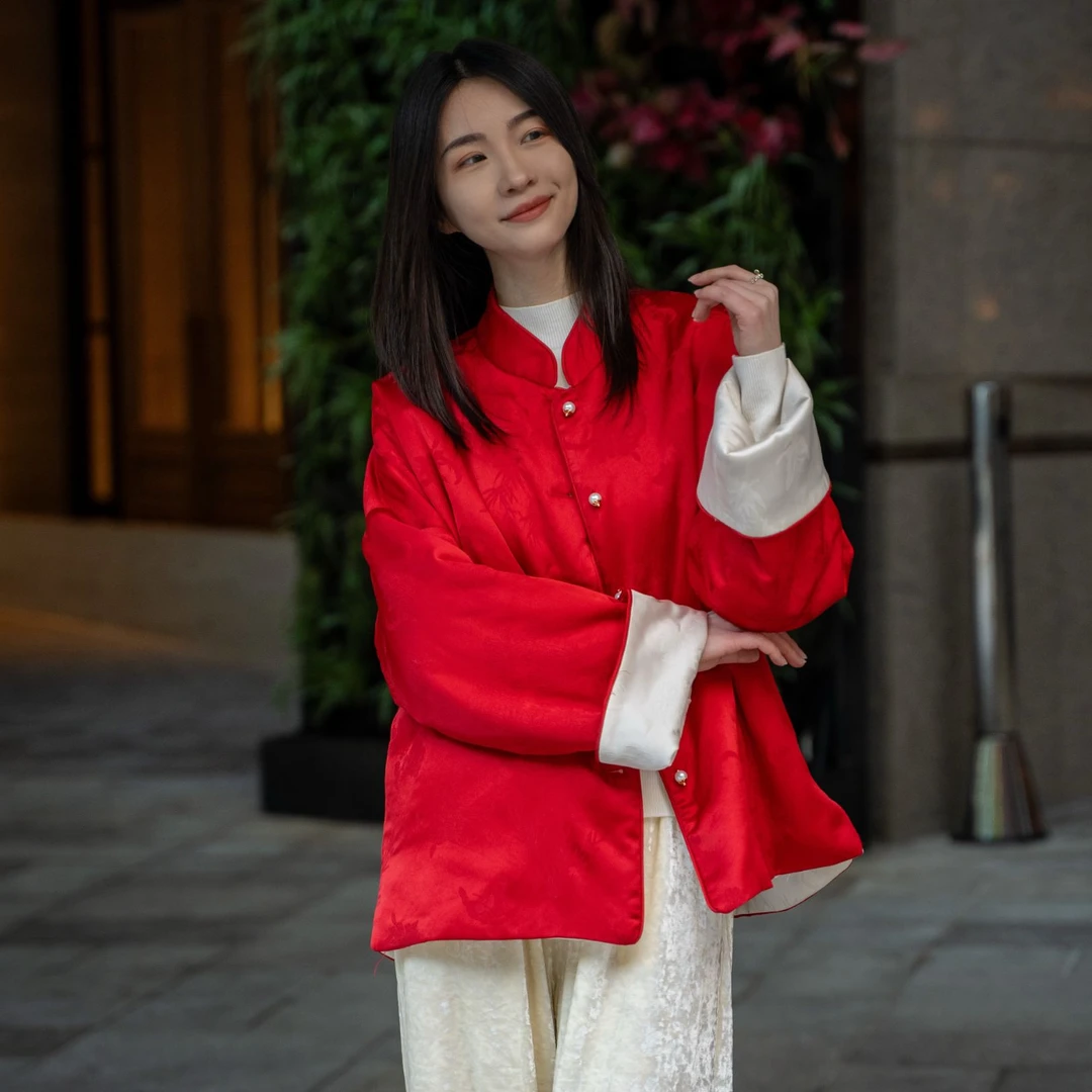 JJGF红色棉服显瘦提花保暖外套女装上衣中式国风新中式过年棉衣