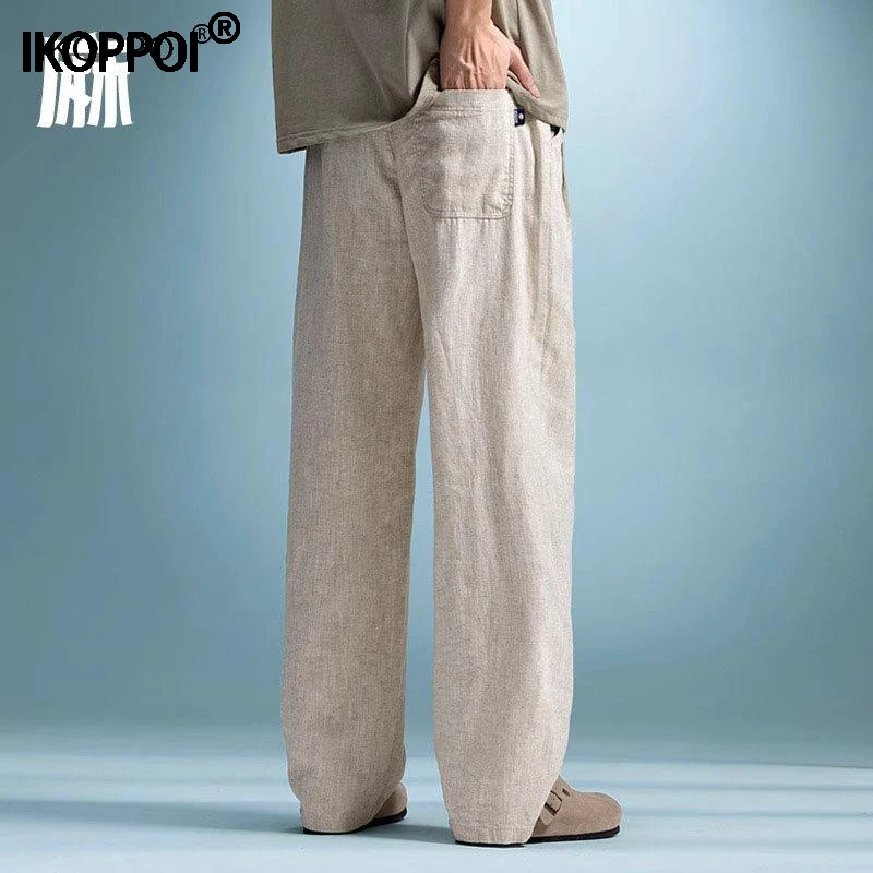 高端亚麻裤男士宽松直筒阔腿夏季薄款大码垂感日系简约休闲棉麻裤