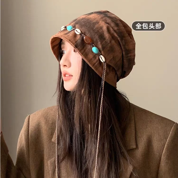 美式复古扎染流苏串珠冷帽女甜酷慵懒包头帽西米亚民族风堆堆帽男