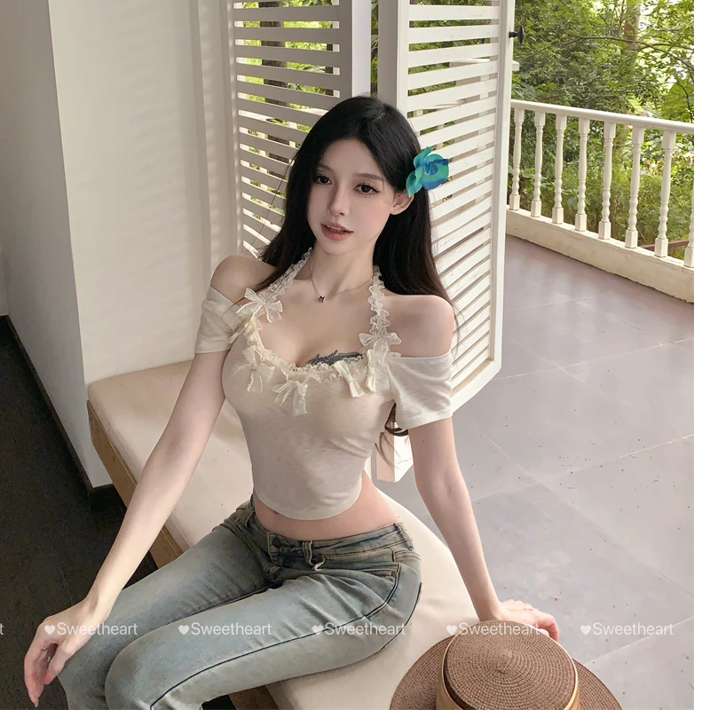 夏季新款高级感法式气质甜辣风挂脖一字肩蕾丝拼接短款短袖女t恤