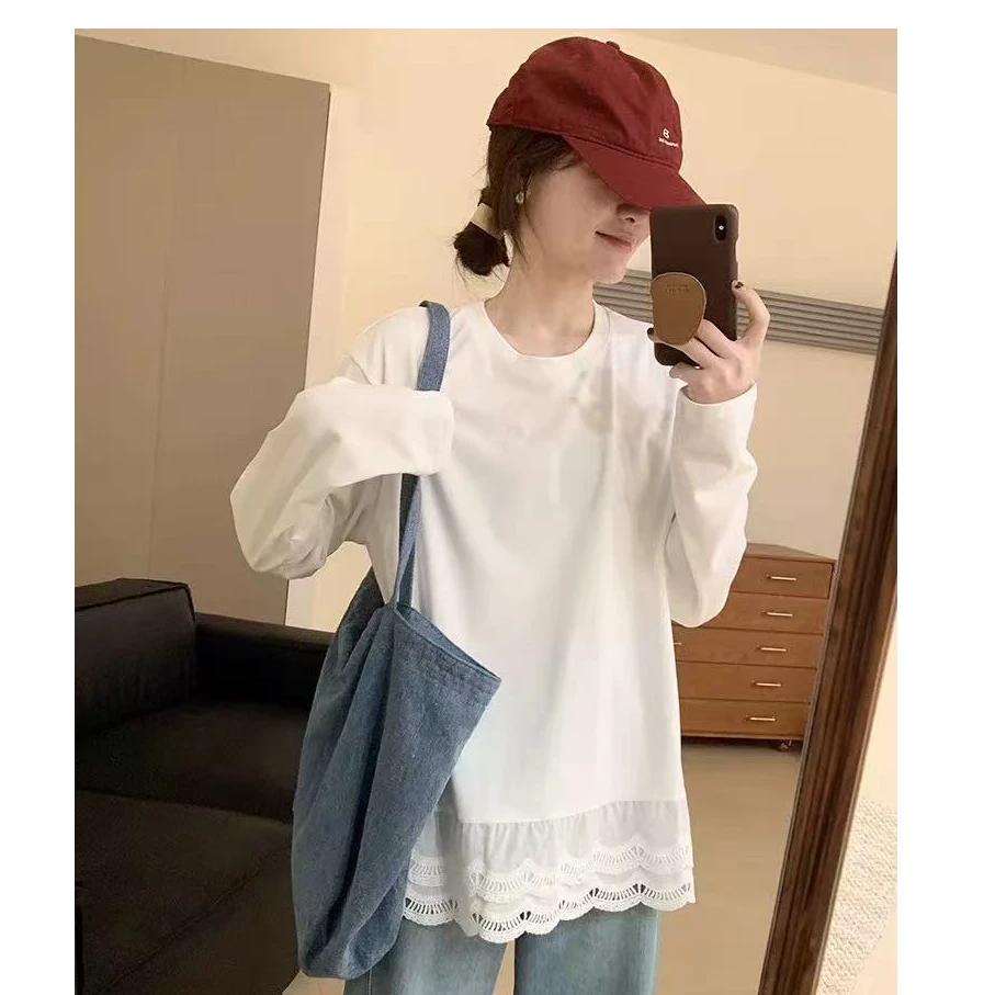 【春款单穿叠穿】白色韩版休闲长袖极简风蕾丝圆领内搭T恤255716