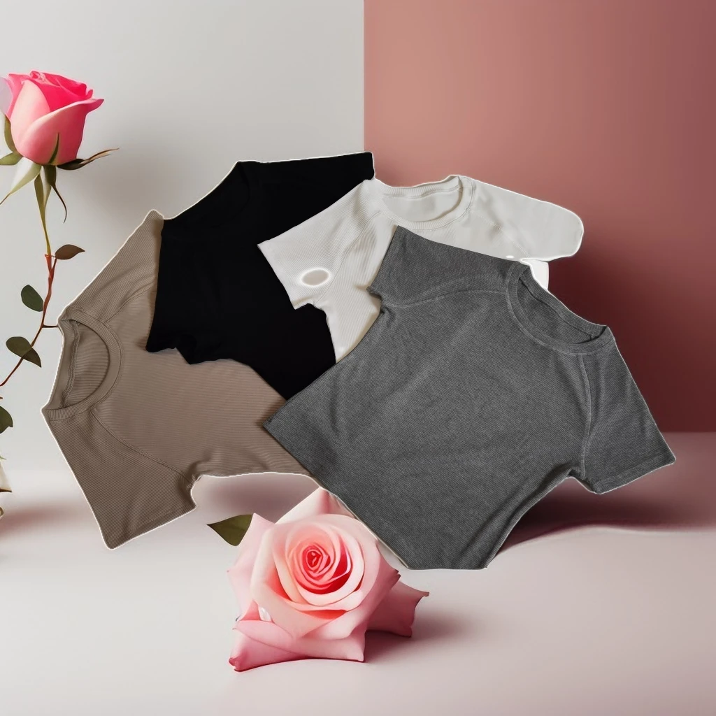 甜辣圆领插肩袖常规纯色T恤夏季时尚运动修身透气弹力螺纹