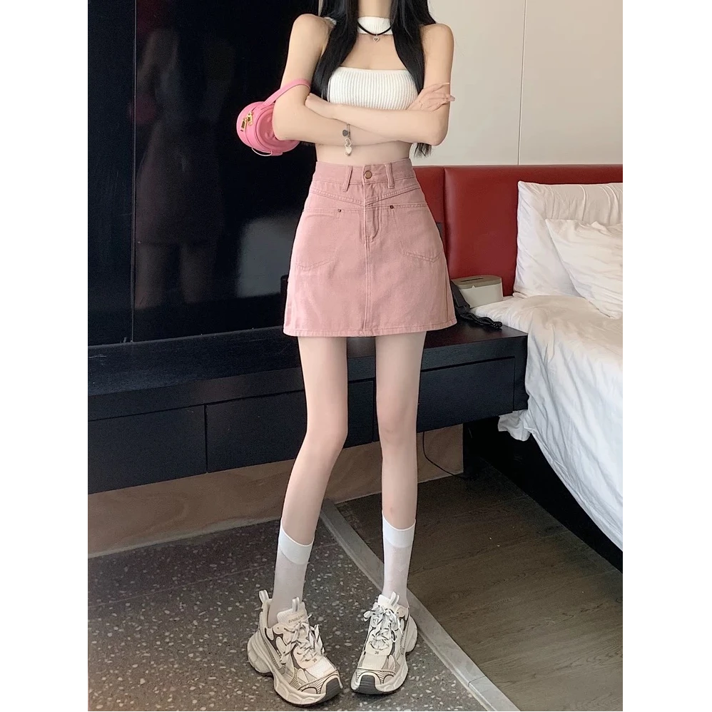 粉色牛仔半身裙女春夏季胖mm高腰显瘦别致防走光包臀A字短裙子