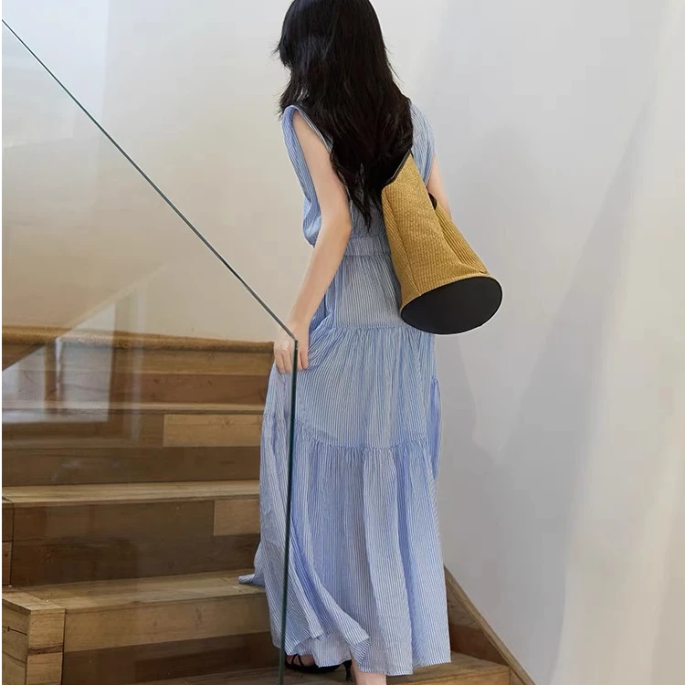 【蔚蓝星河】夏季新款时尚简约百搭条纹绑带连衣裙.Y9094