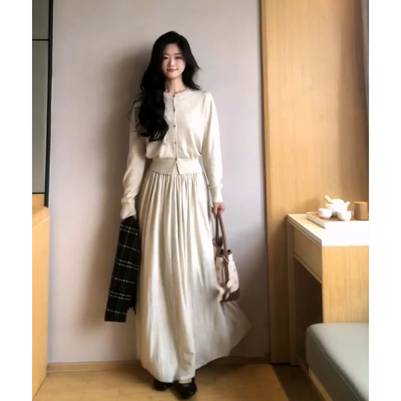 2025秋季新款女法式气质修身圆领长袖毛衣开衫百搭高腰褶皱半身裙