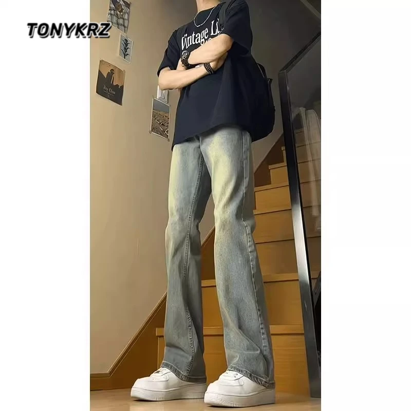 TONYKRZ美式复古蓝窄版微喇牛仔裤男款高街vibe直筒裤子弯刀长裤