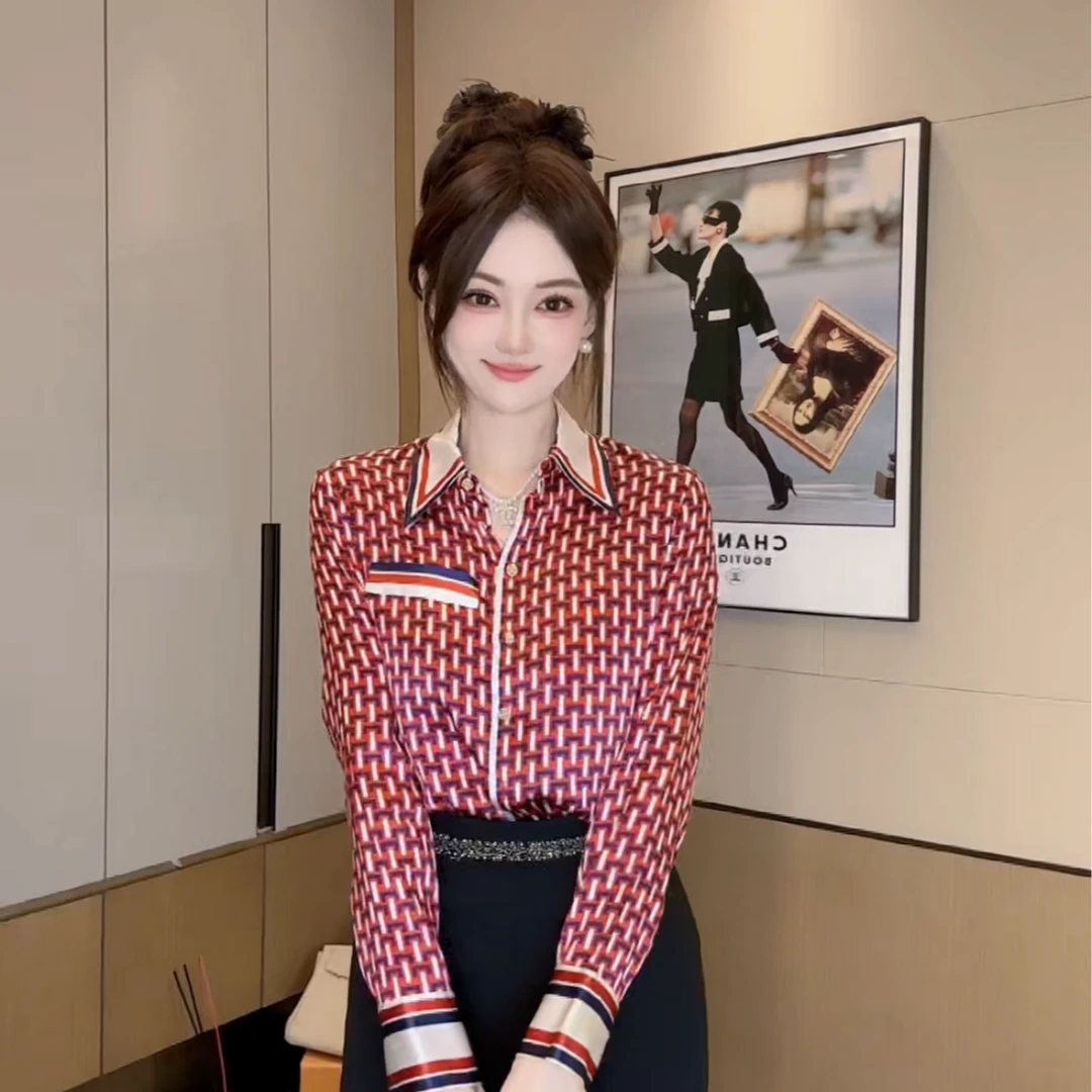 【深圳南油】（F455）弹力双乔印花法式格子时尚气质洋气桑蚕丝衬衫