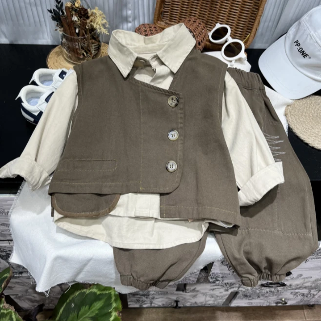 儿童春款时尚中小童马甲儿童春秋休闲英伦风衬衫三件套套装 H692