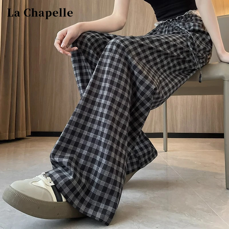 拉夏贝尔复古格子阔腿裤女夏季薄款蕾丝拼接慵懒风冰丝直筒拖地裤