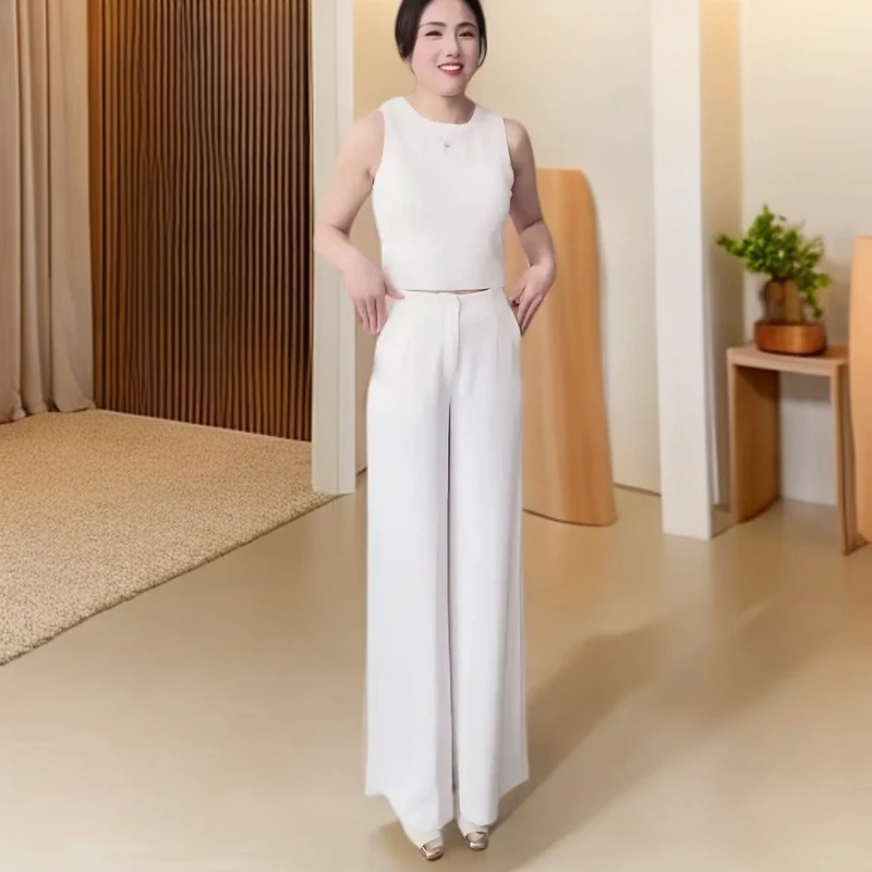 白色时尚气质长裤女夏季阔腿裤高腰大气垂感宽松显瘦拖地大脚裙裤