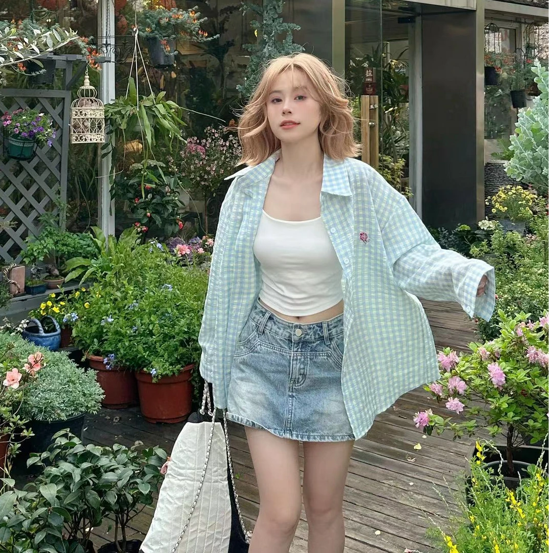 韩系慵懒风格纹衬衫女长袖薄款外套2025春季慵懒风薄款POLO领开衫