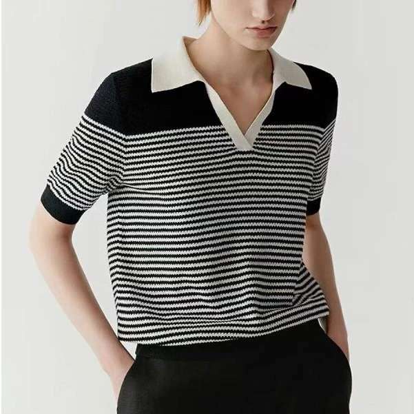 W-1486【禾】夏季新款 麻丝混纺V领翻领套头针织衫女