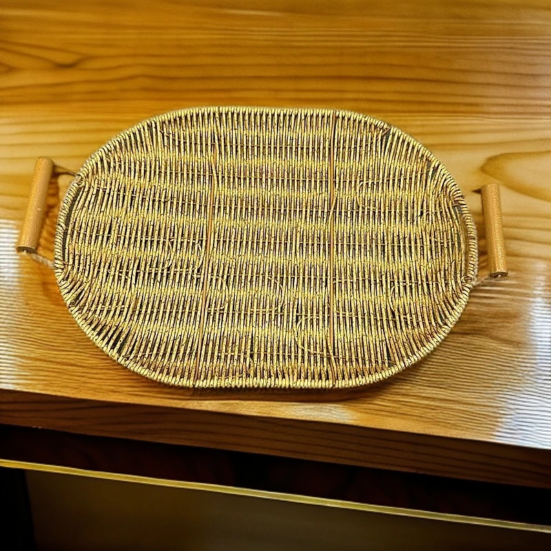 HR11椭圆浅咖色加固双提把手浅收纳篮纯手工编织