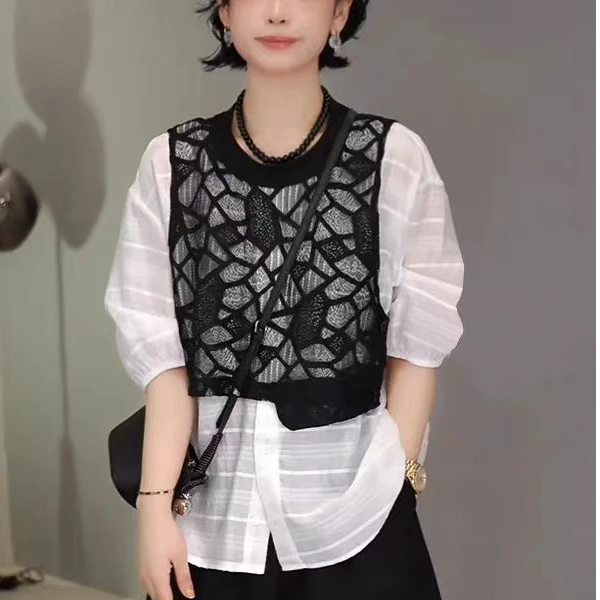 欧货假两件拼接蕾丝时髦衬衫夏季高级感复古洋气遮肉显瘦圆领上衣