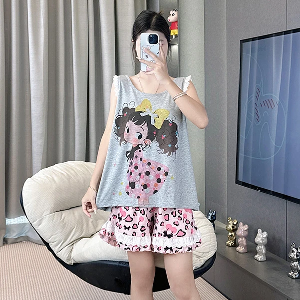 睡衣女夏季爆款小飞袖卡通带胸垫薄款休闲宽松家居服套装-536（TZ）