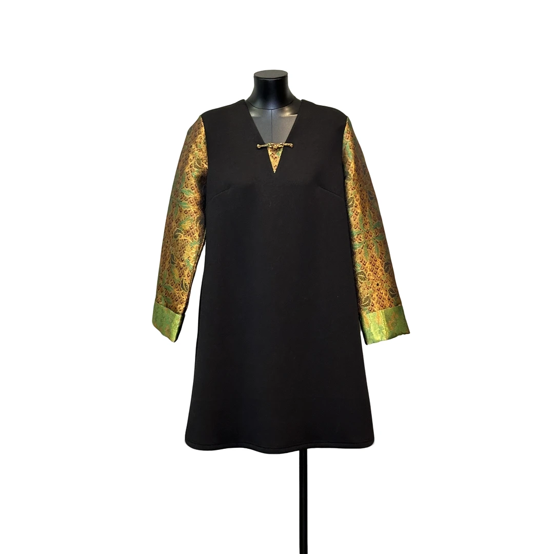 「利琪高订」国风新中式气质拼宋锦百搭秋冬长款卫衣裙A5891