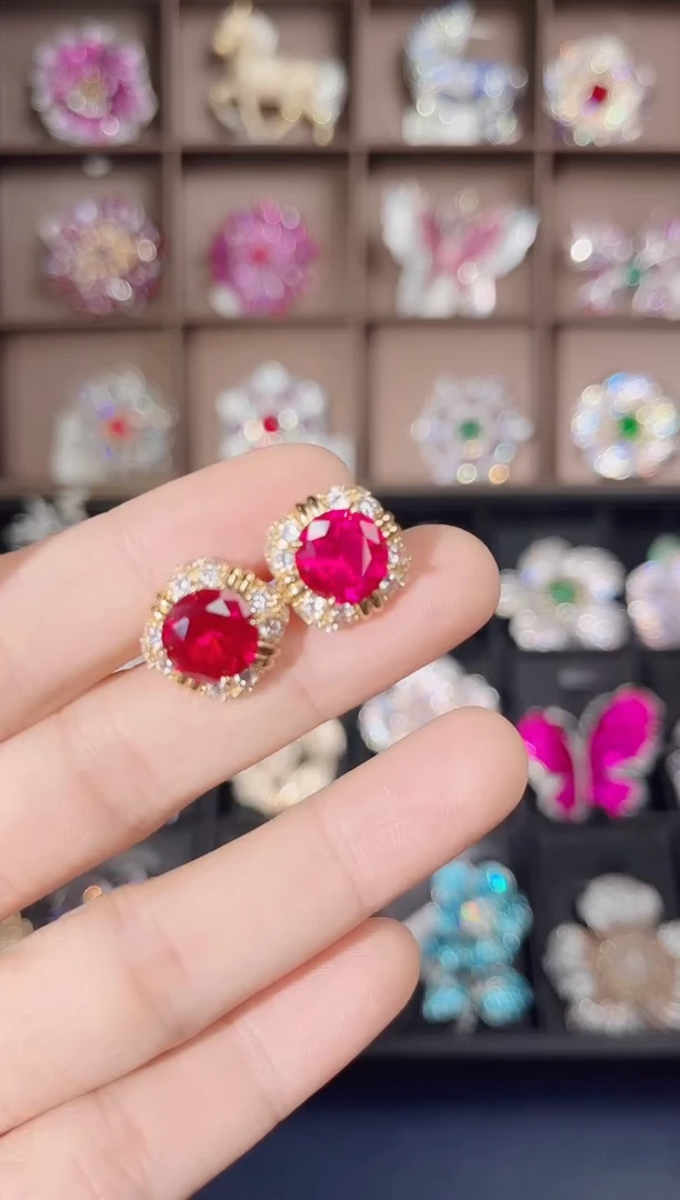 纯铜925银锆石红色耳钉